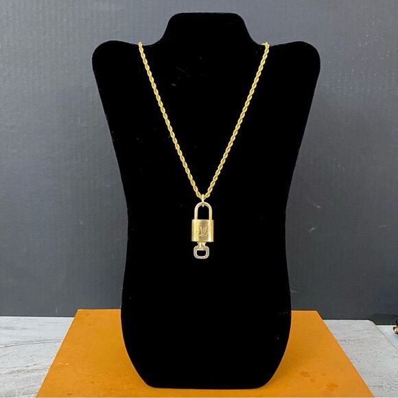 LOUIS VUITTON Lock and key 🔐 on Gold Tone Necklace #322 - Picture 1 of 13